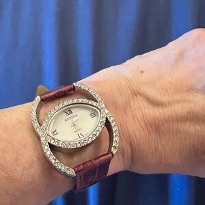 GENEVA rhinestone evening watch, purple leather strap.